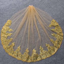 Bridal Veils Gold Wedding Veil Short With Partial Lace Bling Sequins Colour Comb Accessories 293P
