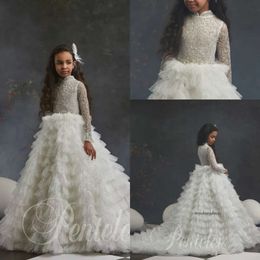 Lovely A Line Flower Girl Dresses High Neck Long Sleeve Lace Applique Sequins Tiered Pageant Dress Floor Length Girl's Birthday Part 0508