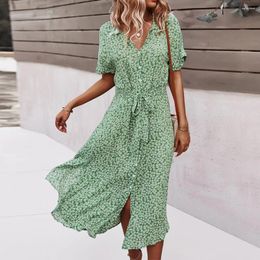 Casual Dresses Summer Women Floral Print Dress Short Sleeve Button Holiday Midi Female V-Neck Beach Boho Chic Elegant Robe