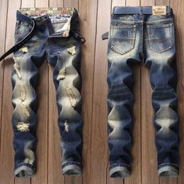 Men's Jeans Denim Jeans Straight Scratches Fashion Mens Pants Luxury Vintag Hole Ruined Long Broken Fashion Regular Fit Large Size J240507