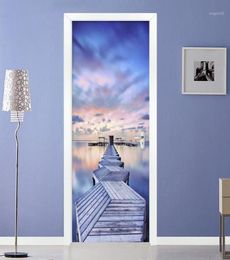 Modern 3D Blue Sky Sea View Wood Bridge Door Sticker Living Room Bedroom Creative Po Wall Mural Waterproof Wallpaper 3D13429290