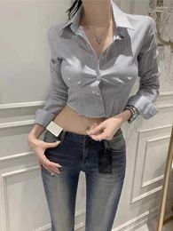 Women's Blouses Korejepo Spicy Girl Stripe Shirts Slim Short Button Shirt Women 2024 Summer Design Lapel Neck Long Sleeve Casual Versatile