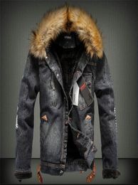 Mens Fur Collar Thick Denim Jacket Retro Ripped Warm Fleece Jeans Jacket Winter Casual Coat Parkas for Male YF279440165