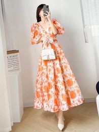 Casual Dresses V-neck Elegant Sweet Dress Women Long Sleeve Chiffon Floral Party Beach For Females Korean Style 2024 Summer Chic