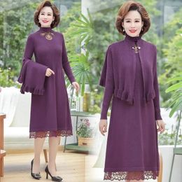 Work Dresses Mom Spring Dress Two-piece 2024 Western Style Suit And Autumn Knitted Coat For Middle-Aged Women