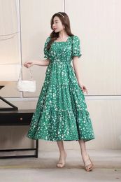 Party Dresses 2024 Summer Women Square Collar Short Sleeve Drawstring Slim Long Dress Korean Fashion Patchwork Big Hem Sweet Floral