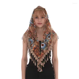 Scarves Muslim Head Wrap Lace Tassel Triangle Scarf Women Flower Shawl Elegant Breathable Outdoor Accessories 50 150cm