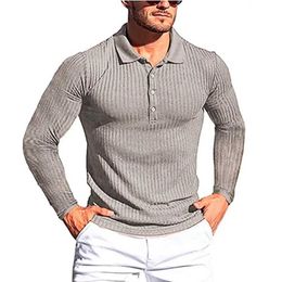 Men's Polos Mens running sports and fitness clothing high elasticity vertical striped long sleeved polo shirt slim knit bottom Q240508