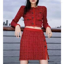 Women's Knits Autumn And Winter Women Christmas Round Neck Rhinestones Button Long Sleeve Cardigan/A-Line Skirt