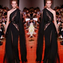 Prom Sexig Elie Illusion Lace Saab Black One Shoulder Appliques aftonklänningar med ensamma Wrap Designer Party -klänningar