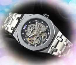 Mens Stylish Hollow Skeleton Watches 43mm day date stainless steel clock automatic mechanical movement self winding sweeping chain bracelet Watch gifts