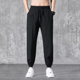 Men's Pants Men Summer Ice Silk Quick Dry Elastic Waist Drawstring Pockets Ankle-banded Workout Soft Thin Trousers Clothes