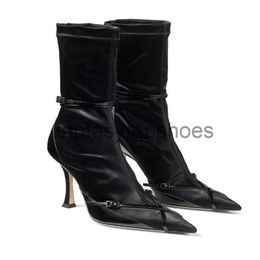 JC Jimmynessity Choo Elastic Buckle Punk Style Boots New Short Thin High Heel Pointed Toe Sexy Black Winter Pumps Womens Shoes Big Size 9D0B