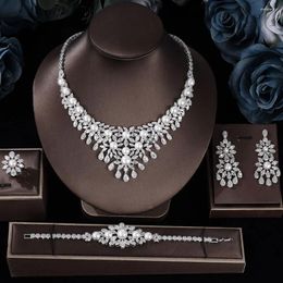Necklace Earrings Set Elegant Pearl Bridal Luxury Cubic Zirconia 4PCS Wedding Bracelet Ring