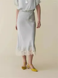 Skirts Women's Lace Splicing Midi Skirt 2024 Summer Temperament Female Fishtail Package Hip Satin Jupe