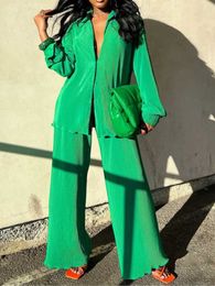 Women's Jumpsuits Rompers QFAF Fashion Pleated Womens Set Long Sle Oversized Shirt and Wide Leg Pants 2023 Elegant Tracksuit Two 2 Piece Set Outfits d240507