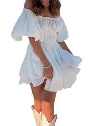 Casual Dresses Women Summer White Mini Dress Short Puff Sleeve Off Shoulder Tunic Pleated 2024 Bohemian Holiday