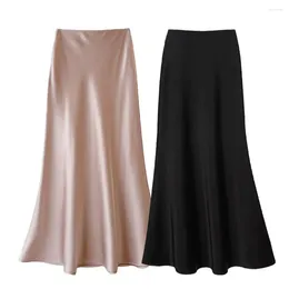 Skirts Elegant A-line Skirt Satin Fishtail Midi For Women High Waist Solid Colour Workwear With Hem Stylish Wrapped