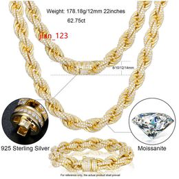 Pass Diamond Tester 10mm-14mm Full VVS Moissanite Iced Out Rope Chain 925 Sterling Silver Men Hip Hop Jewellery Twisted Necklace