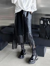 Skirts High Elastic Waist Black Pu Leather Tassels Irregular Half-body Skirt Women Fashion Tide Spring Autumn 2024