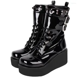 Boots Angelic Imprint Women Motorcycle Punk Cool Lady Lolita Woman High Heels Pumps Wedges Shoes Patent Leather Buckles 47