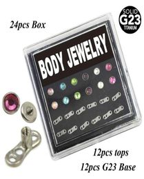 24piece G23 Titanium Flat CZ Crystal Dermal Anchor Piercing Body Jewellery Box Set Internally Threaded with Steel Tops272a8792996