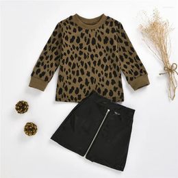 Clothing Sets 1-5years Girls Leopard Skirt Outfits Long Sleeve Knitted Sweater Slim Fit Zipper Closure A Line Short Dress Set