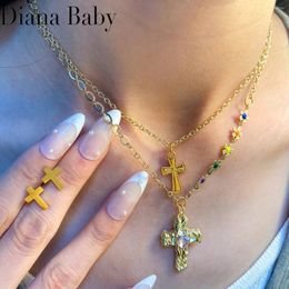 Necklace Earrings Set 2pcs Stainless Steel Jewellery Boho Flower Gold Colour Cross Earring And Pendant For Religion Christian Jewellery