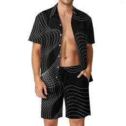 Men's Tracksuits Striped Men Sets Wave Abstract Lines Casual Shirt Set Aesthetic Fitness Outdoor Shorts Summer Design Suit Two-piece Clothes