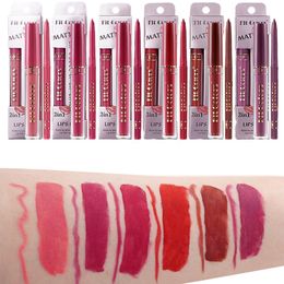 2 in 1 Vintage Lip Makeup Collection Matte Lip Gloss + Lipliner 6 Colors Nude Color LipKit Lipgloss Liquid Lipstick Liner Set