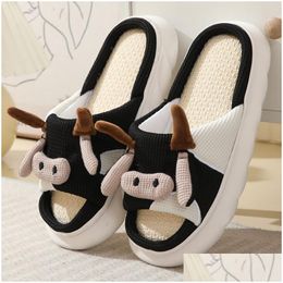 Home Shoes Seasons Non-Slip Cotton Linen Sandals Cute Cartoon Cow Slippers Indoor Drop Delivery Garden Wear Otqxw