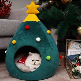 Cat Beds Furniture Christmas tree cat house cat tent cave mattress holiday Christmas warmth soft pet cave bed shape tree cat nest d240508