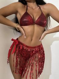 Women's Swimwear 2024 European And American Bikini Split Swimsuit Fringed Sequined Three-piece Plus Size