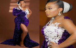 2022 Sexy African Purple Prom Dresses Scoop Neck Illusion Sequined Lace Beaded Mermaid Side Split Sequins Evening Dress Party Page7851605