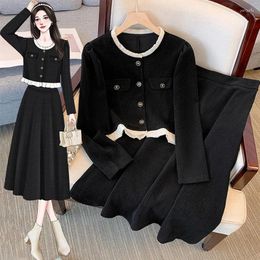 Work Dresses Autumn Winter Elegant Corduroy Two-piece Set For Women 2024 Cardigan Jacket Tops And Long Skirt Female Black Red Warm Slim