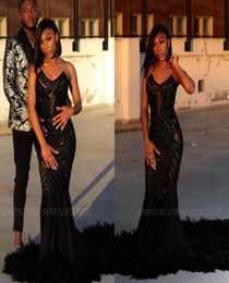 Black Sexy Mermaid Prom Dress Sweetheart Sequined Feather Long Evening Gowns Black Girls Junior Graduation Party Wears BC60524036877