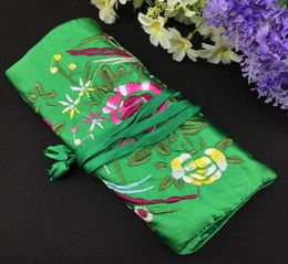 Portable Embroidery Travel Jewellery Roll Up Bag and 3 Zipper Pouch Silk Satin Cloth Gift Packaging Necklace Bracelet Earring Ring S8991010