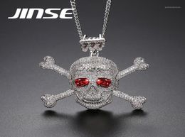 JINSE Full Rhinestone Punk Red CZ Stone Skeleton Skull Pendants Necklaces for Men Gold Color Hip Hop Jewelry Gift Rope Chain18589948