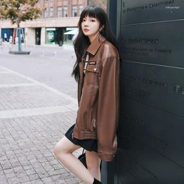 Women's Leather Spring Autumn Cool Oversized Brown Faux Bomber Jacket Women Zip Up Street Designer Unisex Clothes 2024