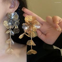 Dangle Earrings Luxury Crystals Earring Gold/Silver Color Big Flowers Long Tassel Drop Fashion Trend Jewelry Accessories For Women