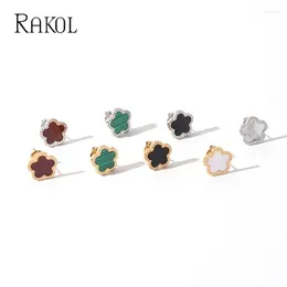 Stud Earrings RAKOL Colourful Five Leaf Flower Clover Gold Colour Stainless Steel For Women Korean Fashion Exquisite Jewellery Non-faddin