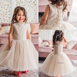 Modest Armoniia Ball Gown Flower Girl Jewel Neck Sleeveless Tulle Lace Applique Ruched Wedding Dress Ankle Length Girl's Birthday Part 0508