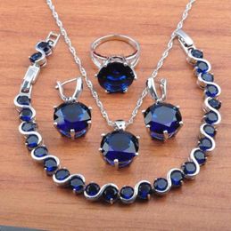 Earrings Necklace 2021 Classic Blue Zirconia Silver Color Jewelry Set For Women Pendant Rings Bracelet JS05639525397