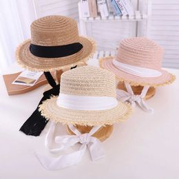 Caps Hats New Toddler Kids Girls Straw Sun Hat Wide Brim UV Protection Flat Top Sun Cap with Bandage Beach Sun Hat for Kids Girls H240508