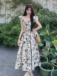 Party Dresses 2024 Summer Print Floral Vintage Dress For Women Short Sleeve Backless Long Vestidos Elegant Casual Y2k Korean Style