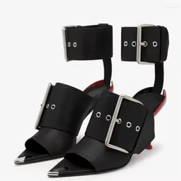 Dress Shoes Women Special-Shaped High-Heeled Leather Multiple Belt Wide Ankle Buckles Pumps Metal Peep Toe Sexy Sandals
