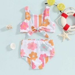 Two-Pieces Toddler Baby Girl Bathing Suit Two Piece Swimsuit Floral Kontted Tankini Top Swim Shorts Bikini Set Swimwear H240508