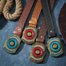 Belts Men & Women-Western-Cowboy-PU Leather-Belts - Vintage Horse Belt Floral Engraved Buckle For Jeans