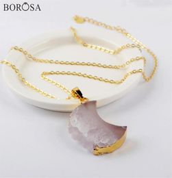 BOROSA 5 10Pcs Crescent Natural Agate Slice Pendant Necklace Gold Moon Druzy Crystal Necklace Statement Women G1963N276I6222581