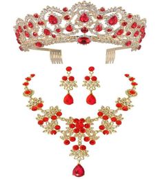 Baroque Vintage Gold Red Green Blue Crystal Bridal Jewellery Sets Necklace Earrings Crown With Comb African Beads Jewellery Sets5387567